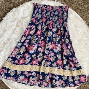Roxy Floral Strapless Dress Blue Multicolor Elastic Stretchy Top Womens Sz Small